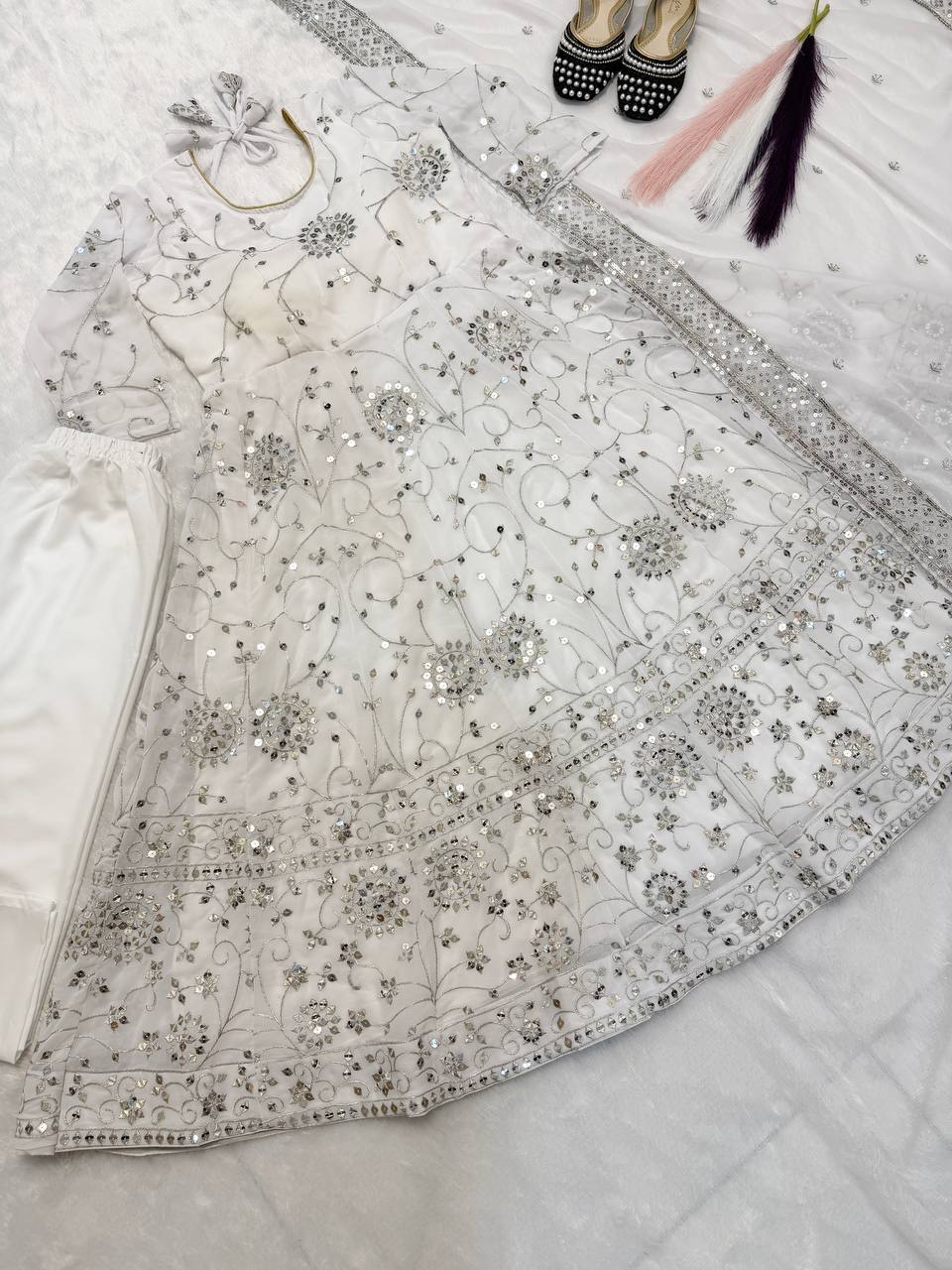 Pristine Ivory Mirror-Work Anarkali